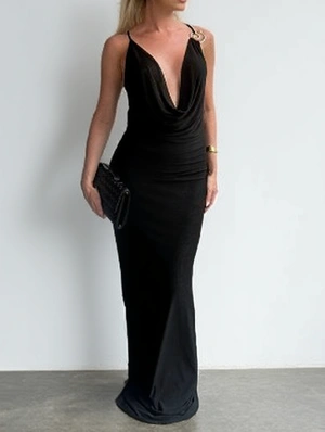 Metal Decor Backless Deep V Neck Maxi Dress