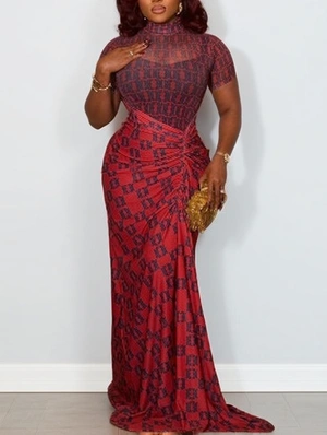 Printed Patchwork Ruched High Neck Short Sleeve Maxi Dress