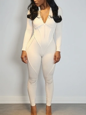 Solid V Neck Backless Zipper Long Sleeve Jumpsuits