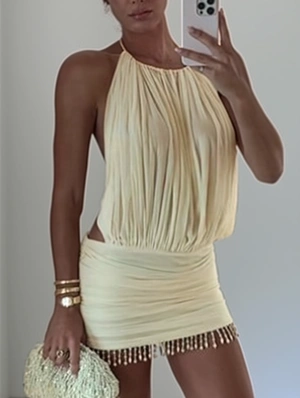 Fringe Halter Backless Lace-Up Mini Dress