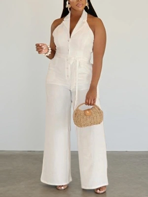 Lapel Halter Backless Waist Tie Jumpsuits