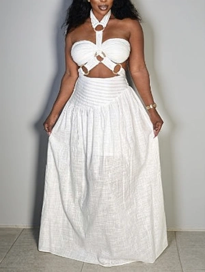 Hollow-out Bandage Halter  A-line Skirt Sets