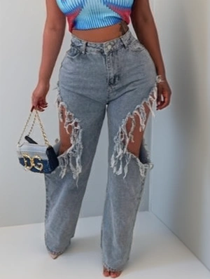 Washed Denim Hollow-out Raged Hem Jeans