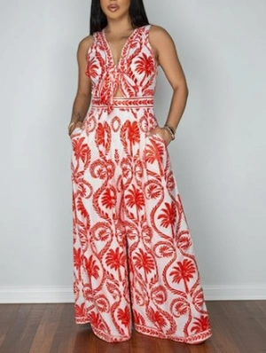 Palms Sleeveless Lace-Up Wide Leg Jumpsuits
