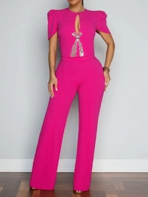 Embellished Bow Hollow-out Puff Sleeve Jumpsuits