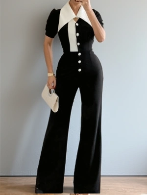 Colorblock Pointed Collar Button Up Jumpsuits