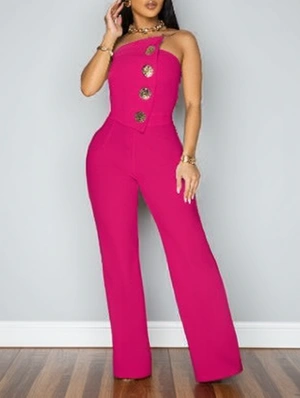 Metal Buckle Decor Strapless Wide Leg Jumpsuits