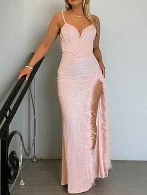 Sequin Feather Lace-Up Split Hem Maxi Dress