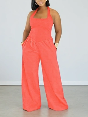Plain Halter Backless A-line Jumpsuits