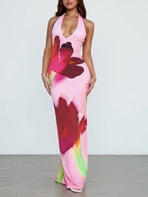 Floral Halter Backless Tie-wrap Maxi Dress