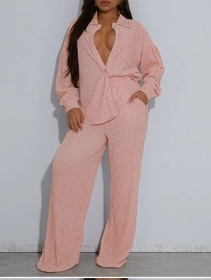 Solid Pleated Loose Shirt Wide Leg Pant Sets
