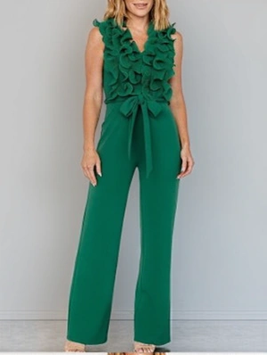 Ruffle Edge Sleeveless V Neck Bandage Jumpsuits