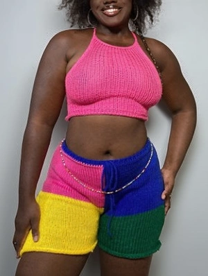 Knitted Backless Halter Colorblock Plaid Short Sets