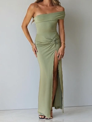 Inclined Shoulder Ruched Knot Split Hem Maxi Dress