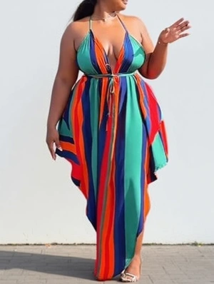 Colorblock Lace-Up Backless Split Hem Maxi Dress