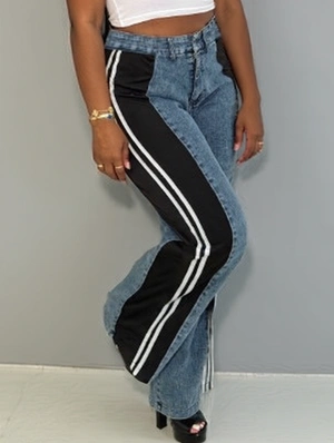 Colorblock Striped Trim Denim Straight Jeans