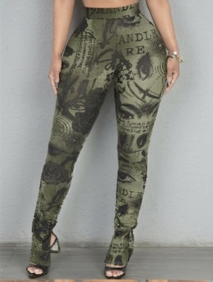 Abstract Print Ruched Split Hem Fitted Pants