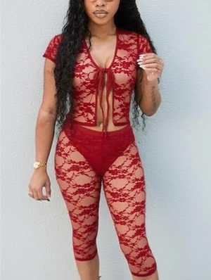 Sheer Tie-wrap Cropped Knee Shorts Sets