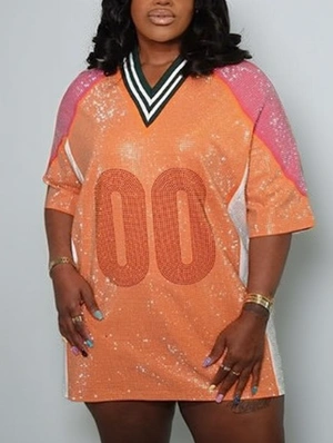 Number Rhinestones V Neck Jersey Mini Dress