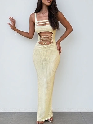 Solid Hollow-out Tie-wrap Sleeveless Maxi Dress