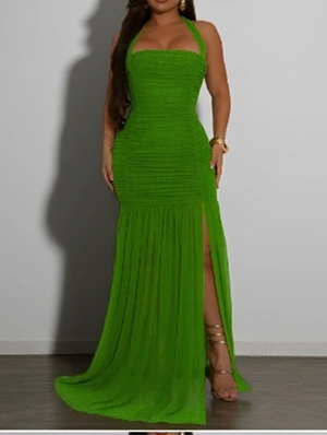 Ruched Halter Backless Split Hem Maxi Dress