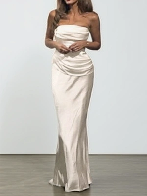 Satin Plain Color Ruched Strapless Maxi Dress
