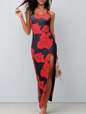 Rose Printed Split Hem Backless Maxi Dress
