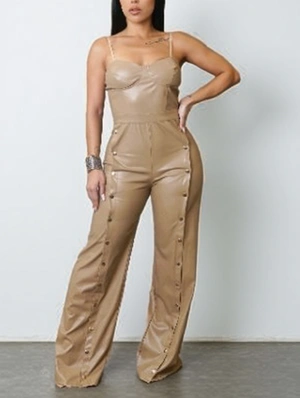 Leather Clasp Sleeveless Wide Leg Jumpsuits