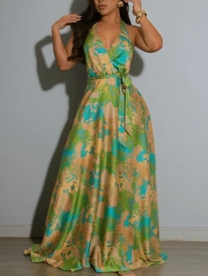 Satin Graffiti Halter Backless Lace-Up Maxi Dress