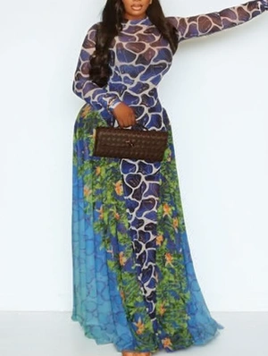 Printed See Through Long Sleeve Maxi Dress
