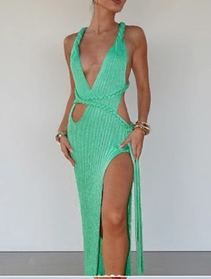 Knitted Fringe Backless Side Slit Maxi Dress