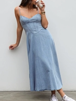 Denim V Neck Sleeveless A-line Maxi Dress