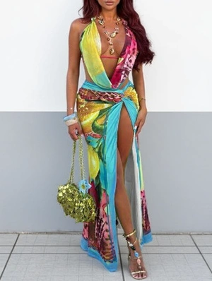 Backless Lace-Up Twist Split Hem Skirt Sets