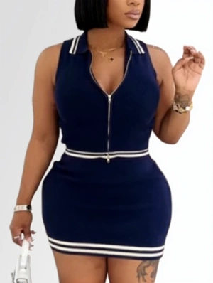 Striped Trim Zipper Lapel Sleeveless Mini Dress