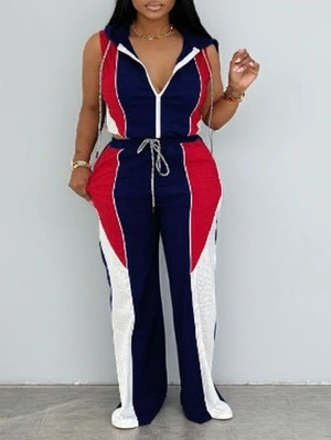 Colorblock Sleeveless Hooded Mesh Pant Sets