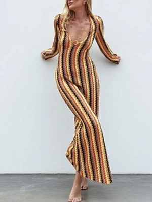 Colorblock Striped V Neck Fitted Maxi Dress