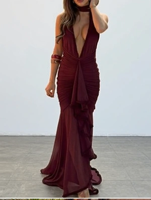 Lacework Ruched Sheer Backless Maxi Dress