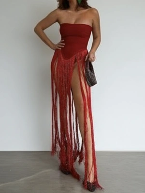 Plain Color Strapless Tassel Fitted Maxi Dress