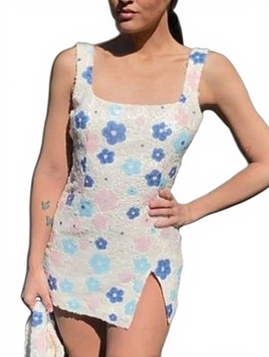 Sleeveless Floral Sequin Split Hem Mini Dress