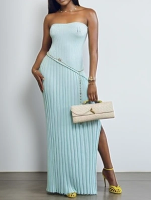 Strapless Woolen Vertical Side Slit Maxi Dress