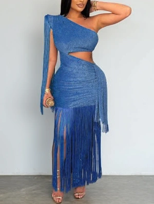 Sparkly Tassel One Shoulder Ribbons Maxi Dress