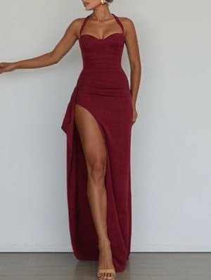 Halter Backless Ruffle Split Hem Maxi Dress