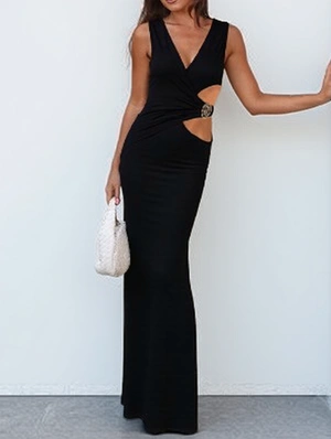 Metal Decor Cutouts V Neck Sleeveless Maxi Dress