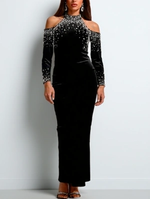 Velour Rhinestones Faux Pearl Luxury Maxi Dress