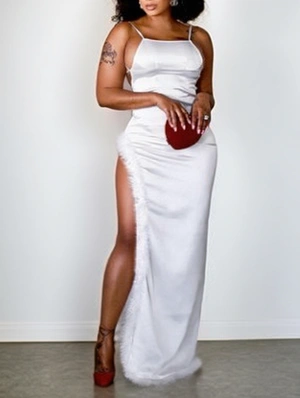 Lace-Up Backless Fuzzy Trim Split Hem Maxi Dress