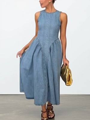 Lace Up Denim Backless A-line Maxi Dress