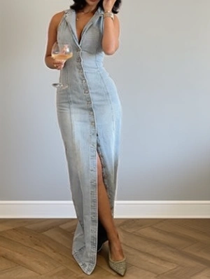 Sleeveless Denim Lapel Smocked Maxi Dress