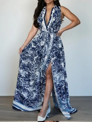 Floral Sleeveless Waist Tie Flowy Maxi Dress