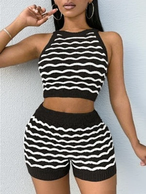 Colorblock Knitted Striped Cropped Short Sets
