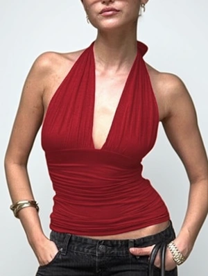 Ruched V Neck Halter Backless Tank